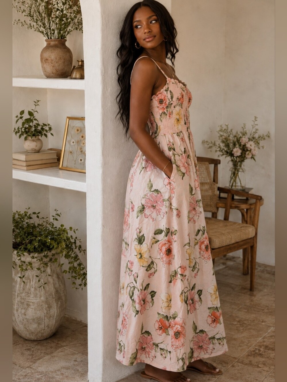 Joie Floral Smocked Maxi Dress Pink Yellow Size S Cottagecore Sundress Pockets - Picture 5 of 13